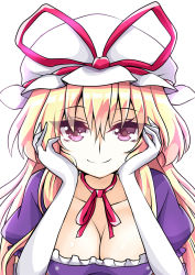 Rule 34 | 1girl, blonde hair, breasts, choker, cleavage, closed mouth, collarbone, dress, elbow gloves, frilled dress, frills, gloves, hair between eyes, hat, hat ribbon, head rest, highres, keyaki chimaki, long hair, looking at viewer, medium breasts, mob cap, puffy short sleeves, puffy sleeves, purple dress, purple eyes, red ribbon, ribbon, ribbon choker, short sleeves, simple background, smile, solo, staring, touhou, upper body, white background, white gloves, yakumo yukari