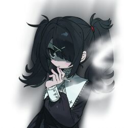 Rule 34 | ame-chan (needy girl overdose), asymmetrical sidelocks, black eyes, black hair, black shirt, cigarette, closed mouth, collar, cross, dot nose, hair ornament, hair over one eye, highres, holding, holding cigarette, long hair, long sleeves, looking ahead, makeup, mascara, needy girl overdose, puffy sleeves, shaded face, shadow, shirt, sidelocks, simple background, sleeve cuffs, slwii2, smoke, smoking, twintails, upper body, white background, white collar, x hair ornament