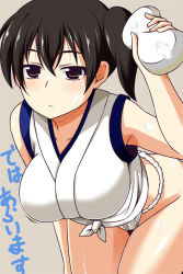 Rule 34 | 10s, 1girl, bare shoulders, black hair, blush, breasts, brown eyes, fundoshi, highres, japanese clothes, kaga (kancolle), kantai collection, large breasts, leaning forward, looking at viewer, nishi koutarou, no pants, side ponytail, simple background, solo, sponge, translation request