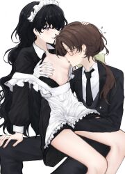 Rule 34 | 2girls, apron, black dress, black hair, black necktie, black pants, black suit, blush, breasts, brown hair, collared shirt, commentary request, dress, fingering, formal, glasses, gloves, grabbing, grabbing another&#039;s breast, hand on another&#039;s head, hand under clothes, hand under dress, highres, isolde (reverse:1999), kakania (reverse:1999), licking, licking nipple, long hair, maid apron, maid headdress, multiple girls, necktie, nipple stimulation, nipples, nishiyos, pants, parted lips, ponytail, purple eyes, reverse:1999, shirt, simple background, sitting, sitting on lap, sitting on person, small breasts, suit, tongue, tongue out, vietnamese commentary, white apron, white background, white gloves, white headdress, white shirt, yuri