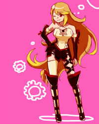 Rule 34 | 1girl, bare shoulders, boots, breasts, brown hair, detached sleeves, long hair, milla (fractured), one eye closed, pink background, simple background, skirt, smile, solo, tales of (series), tales of xillia, tales of xillia 2, thighhighs, very long hair