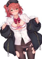 Rule 34 | 1girl, beret, blush, bra, commission, fluegel (kaleido scope-710), girls&#039; frontline, hat, highres, medium hair, mp7 (girls&#039; frontline), nipple slip, nipples, panties, pantyhose, partially unbuttoned, partially undressed, red hair, skeb commission, solo, torn clothes, torn pantyhose, underwear, yellow eyes