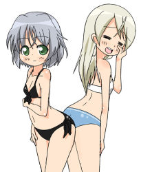 Rule 34 | 00s, 2girls, ass-to-ass, back-to-back, bikini, eila ilmatar juutilainen, closed eyes, green eyes, multiple girls, nemuro nao, sanya v. litvyak, short hair, silver hair, strike witches, swimsuit, world witches series