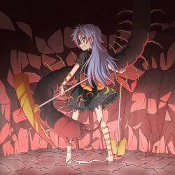 Rule 34 | 1girl, absurdres, back bow, barefoot, black shirt, black skirt, bow, bug, cave, centipede, from behind, grey eyes, grey hair, grin, highres, himemushi momoyo, holding, holding pickaxe, holding shovel, jewelry, long hair, looking at viewer, looking back, maita, messy hair, orange bow, pickaxe, ring, shirt, shovel, skirt, smile, solo, touhou