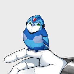 Rule 34 | bird, bird on hand, blue bird, commentary, english commentary, green eyes, helmet, highres, mega man (series), mega man x (series), simple background, twitter, wolf9431, x (mega man)