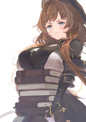 Rule 34 | 1girl, angel, beret, blue eyes, blush, book, book stack, breast rest, breasts, brown hair, closed mouth, commentary request, gloves, granblue fantasy, hat, highres, holding, holding book, large breasts, looking at viewer, low twintails, mizopost, raziel (granblue fantasy), simple background, solo, twintails, white background