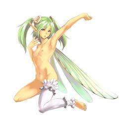 Rule 34 | 1girl, arm up, armpits, bad id, bad pixiv id, barefoot, breasts, buttons, fairy, fingernails, flat chest, full body, green eyes, green hair, groin, kneeling, matching hair/eyes, navel, nipples, nude, original, outstretched arm, pointy ears, single leg pantyhose, single thighhigh, solo, stretching, sukizo, thighhighs, twintails, wings