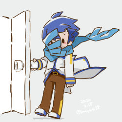 Rule 34 | 1boy, belt, black eyes, blue hair, blue scarf, blush stickers, brown pants, chibi, coat, dated, door, doorknob, doorway, grey background, kaito (vocaloid), male focus, opening door, pants, sanpati, scarf, scarf over mouth, solid oval eyes, solo, twitter username, vocaloid, white coat, wind