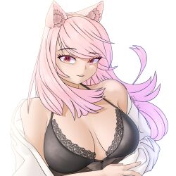 Rule 34 | 1girl, absurdres, animal ear fluff, animal ears, bra, breasts, cat ears, cat girl, cleavage, highres, lace, lace-trimmed bra, lace trim, large breasts, long hair, looking at viewer, multicolored eyes, multicolored hair, orange eyes, original, pink eyes, pink hair, purple hair, removing shirt, shirt, smile, solo, takie arts, underwear, undressing, white background, white shirt