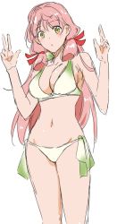 Rule 34 | 1girl, akashi (kancolle), bikini, blunt tresses, breasts, cleavage, commentary request, cowboy shot, double v, enami (e373), green eyes, groin, hair ribbon, kantai collection, large breasts, long hair, looking at viewer, navel, pink hair, ribbon, side-tie bikini bottom, solo, standing, swimsuit, tress ribbon, v, white bikini