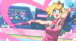 Rule 34 | 1girl, armpits, ball, blonde hair, blue eyes, blurry, brooch, brown hair, crowd, crown, depth of field, gloss (hotglossed), goomba, highres, jewelry, mario (series), mario tennis, mario tennis aces, mini crown, nintendo, outstretched arms, princess peach, racket, shy guy, sleeveless, solo focus, tennis ball, tennis peach, tennis racket, toad (mario), upper body, wristband