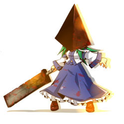 Rule 34 | 1girl, blood, blood on clothes, detached sleeves, female focus, full body, great knife, green hair, honehone, kochiya sanae, pyramid head, silent hill, silent hill (series), snake, solo, standing, touhou, weapon, white background