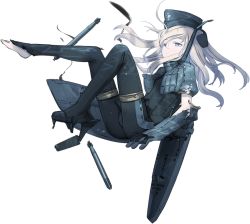 Rule 34 | 1girl, blonde hair, full body, garrison cap, hat, kantai collection, long hair, machinery, military, military hat, military uniform, official art, pale skin, shimada fumikane, solo, thighhighs, torn clothes, torpedo, transparent background, u-511 (kancolle), uniform
