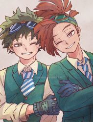 Rule 34 | 2boys, absurdres, bad id, bad pixiv id, blouse, blue gloves, boku no hero academia, brown hair, collared shirt, commentary request, crossed arms, formal, freckles, gloves, goggles, goggles on head, green eyes, green hair, green suit, green vest, highres, long sleeves, looking at viewer, male focus, mamepan114, midoriya izuku, multiple boys, necktie, one eye closed, open mouth, red eyes, red hair, rody soul, shirt, short hair, simple background, smile, spiked hair, striped necktie, suit, teeth, vest, white shirt