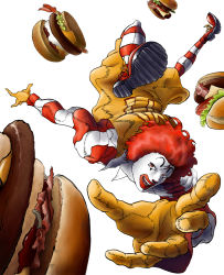 Rule 34 | 1boy, bacon, burger, chaya, commentary request, facepaint, falling, food, gloves, jojo no kimyou na bouken, lettuce, long sleeves, male focus, mcdonald&#039;s, meat, open mouth, parody, red eyes, red footwear, red hair, ronald mcdonald, shoes, simple background, socks, solo, striped clothes, striped legwear, striped socks, tomato, white background, yellow gloves