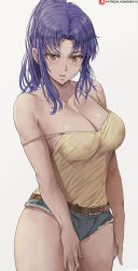 Rule 34 | 1girl, belt, breasts, brown belt, brown eyes, camisole, collarbone, commentary, covered erect nipples, cowboy shot, cutoffs, denim, denim shorts, english commentary, eyelashes, grey background, high ponytail, highres, katsuragi misato, large breasts, long hair, looking at viewer, neon genesis evangelion, no bra, parted bangs, parted lips, patreon logo, patreon username, purple hair, shexyo, short shorts, shorts, simple background, solo, strap slip, thighs, watermark, web address, yellow camisole