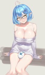 1girl absurdres ahoge arm_support blue_hair blush breasts cleavage collarbone daifuku_(yukihana_lamy) dress elf glasses hair_ornament hairclip heart heart_ahoge highres hololive large_breasts looking_at_viewer official_alternate_hairstyle pointy_ears shiny_skin short_hair sitting smile solo strap sweater sweater_dress virtual_youtuber white_sweater yellow_eyes yukihana_lamy yukihana_lamy_(loungewear) yumemori_jabara