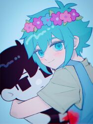 Rule 34 | 1boy, basil (headspace) (omori), basil (omori), blood, blood on clothes, blue overalls, blush, censored, character doll, closed mouth, colored skin, green eyes, green hair, green shirt, head wreath, highres, looking at viewer, mosaic censoring, omori, omori (omori), overalls, sebon (sebochin), shirt, short hair, short sleeves, smile, stuffed toy, white skin