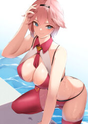 Rule 34 | 1girl, absurdres, bare shoulders, bikini, blue eyes, blush, breasts, butt crack, cleavage, collarbone, haneramu, head wings, highres, hololive, large breasts, looking at viewer, necktie, pink hair, pool, poolside, red bikini, red thighhighs, smile, solo, swimsuit, takane lui, thighhighs, thighs, virtual youtuber, water, wet, wing collar, wings