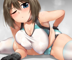 Rule 34 | 1girl, alternate costume, black gloves, blue eyes, blush, breasts, brown hair, cameltoe, cleavage, collarbone, commentary request, commission, covered erect nipples, gloves, hair ornament, hairclip, kantai collection, large breasts, looking at viewer, maya (kancolle), micro shorts, one eye closed, open mouth, puffy nipples, shorts, simple background, sitting, skeb commission, skindentation, solo, spread legs, steam, sweat, tank top, thighhighs, thighs, wet, white thighhighs, x hair ornament, yoshi tama