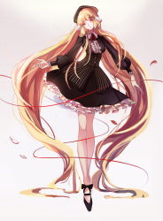 Rule 34 | 00s, 1girl, absurdly long hair, bare legs, black dress, black footwear, blonde hair, brown eyes, chobits, dress, freya, freya (chobits), frilled dress, frills, full body, hair tubes, hat, head tilt, highres, juliet sleeves, light smile, long hair, long sleeves, petticoat, puffy long sleeves, puffy sleeves, red ribbon, ribbon, robot ears, shoes, simple background, solo, string, string of fate, striped clothes, striped dress, surong yao qi, vertical-striped clothes, vertical-striped dress, very long hair