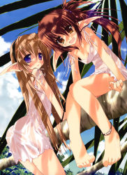 Rule 34 | 2girls, :d, absurdres, anklet, arched back, arm support, ass, bare shoulders, barefoot, blonde hair, breasts, brown eyes, brown hair, cleavage, dappled sunlight, dress, elf, fang, feet, highres, jewelry, long pointy ears, looking at viewer, looking back, multiple girls, open mouth, original, palm tree, pointy ears, purple eyes, sitting, skirt, smile, strap slip, sunlight, tree, tree shade, tsurusaki takahiro, wet, wet clothes, wet dress, white dress, white skirt, wristband