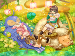 Rule 34 | 2girls, alchemist (ragnarok online), amistr (ragnarok online), animal, animal ear fluff, animal ears, bird, blue gloves, bluebird, blush, boots, bottle, breasts, brown cape, brown dress, brown footwear, brown hair, brown ribbon, bush, cape, cat ears, closed eyes, commentary request, dress, elbow gloves, filir (ragnarok online), fingerless gloves, flower, fur-trimmed cape, fur trim, gloves, green eyes, green gloves, hair between eyes, leaf, long hair, lying on another, misuguu, mixed-language commentary, multiple girls, one eye closed, open mouth, oversized animal, pink flower, pink hair, plant, potion, rabbit ears, ragnarok online, ribbon, shark fin, sheep, short hair, sitting on animal, sleeping, small breasts, vines, water, white dress