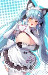 Rule 34 | 1girl, animal ears, blue hair, blush, breasts, cleavage, dress, elbow gloves, eungking (tog2029), fake animal ears, gloves, goddess of victory: nikke, hair ornament, hairclip, heart, highres, huge breasts, long hair, looking to the side, maid, maid headdress, privaty (nikke), privaty (unkind maid) (nikke), solo, twintails, white gloves, yellow eyes