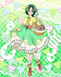 Rule 34 | 1girl, akimoto komachi, basket, brown footwear, capelet, corset, cross-laced footwear, dress, easter, easter egg, egg, full body, green dress, green eyes, green hair, green headband, headband, highres, long hair, nuts (yes! precure 5), official art, open mouth, parted bangs, precure, precure connection puzzlun, skirt hold, smile, solo, third-party source, yellow capelet, yes! precure 5