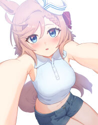 Rule 34 | 1girl, animal ears, armpits, bare arms, bare shoulders, blonde hair, blue eyes, blue shorts, blush, bow, braid, breasts, buttons, chahanramen, collared shirt, crop top, denim, denim shorts, foreshortening, hair bow, hat, highres, horse ears, horse girl, horse tail, long hair, looking at viewer, medium breasts, midriff, navel, nose blush, outstretched arms, parted lips, sailor hat, shirt, short shorts, shorts, simple background, sitting, sleeveless, sleeveless shirt, solo, stomach, tail, thighs, umamusume, venus paques (umamusume), white background, white hat, white shirt