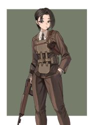 Rule 34 | 1girl, absurdres, armor, black hair, black necktie, blue eyes, breasts, brown jacket, brown pants, collared shirt, commentary, english commentary, forehead, grey background, gun, hand in pocket, highres, holding, holding gun, holding weapon, jacket, long sleeves, looking at viewer, m1a1 carbine, mouth hold, necktie, original, pants, shirt, small breasts, soldat (dndosld73832), solo, thick eyebrows, two-tone background, weapon, weapon request, white background, white shirt