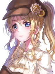 Rule 34 | 10s, 1girl, ayase eli, bad id, bad pixiv id, badge, blonde hair, blue eyes, blush, bow, bowtie, cabbie hat, close-up, collared shirt, hat, love live!, love live! school idol festival, love live! school idol project, miazi, ponytail, shirt, short hair, simple background, smile, solo, striped clothes, striped shirt, upper body, vertical-striped clothes, vertical-striped shirt, white background, white shirt