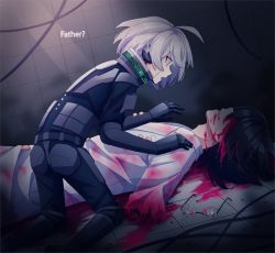 Rule 34 | 2boys, ahoge, amputee, android, armor, black hair, blood, blood on clothes, blood on face, cable, cheer (cheerpuppy14), coat, corpse, danganronpa (series), danganronpa v3: killing harmony, death, dutch angle, father and son, glasses, grey hair, headphones, k1-b0, kneeling, lab coat, medium hair, multiple boys, open mouth, pink blood, power armor, profile, short hair, tile floor, tile wall, tiles, white coat