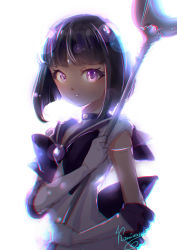 Rule 34 | 1girl, artist name, backlighting, bishoujo senshi sailor moon, black hair, bob cut, bow, brooch, choker, chromatic aberration, gloves, heart, heart brooch, holding, holding polearm, holding spear, holding weapon, jewelry, kaminary, looking at viewer, polearm, purple eyes, sailor saturn, short hair, signature, silence glaive, simple background, sketch, smile, solo, spear, staff, super sailor saturn, tomoe hotaru, weapon, white background, white gloves