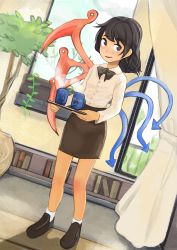 Rule 34 | 1girl, asymmetrical wings, black hair, black skirt, book, bow, breasts, buttons, coffee, coffee mug, collared shirt, cup, curtains, dutch angle, english text, full body, highres, holding, houjuu nue, leaf, long sleeves, looking at viewer, medium hair, mug, open mouth, permanentlow, plant, shadow, shirt, shoes, skirt, small breasts, smile, socks, solo, standing, steam, touhou, vines, white bow, white curtains, white shirt, window, wings