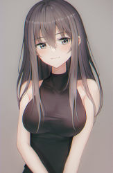 Rule 34 | 1girl, 3:, absurdres, armpit crease, bare arms, bare shoulders, black dress, blush, breasts, chromatic aberration, closed mouth, dress, grey background, grey eyes, grey hair, hair between eyes, hair over breasts, hair over shoulder, head tilt, highres, large breasts, long hair, looking to the side, muyang, original, simple background, sleeveless, sleeveless dress, solo, taut clothes, taut dress, upper body