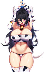 Rule 34 | 1girl, absurdres, animal ears, animal print, armpits, ass, belly, blueorca, bound, bound wrists, breasts, cleavage, cow ears, cow girl, cow horns, cow print, gluteal fold, highres, horns, huge breasts, large breasts, midriff, mole, mole on breast, navel, original, purple eyes, simple background, skindentation, solo, sweat, thigh gap, white background