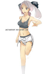 Rule 34 | 00s, 1girl, bow, breasts, cleavage, crop top, faustsketcher, gym shorts, hair bow, hair ribbon, hiiragi kagami, lucky star, medium breasts, midriff, navel, open mouth, ribbon, shirt, shorts, sideboob, silver hair, solo, standing, standing on one leg, tank top, taut clothes, taut shirt, twintails, watermark, web address, white legwear