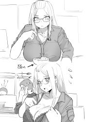 Rule 34 | 1girl, 2boys, absurdres, arrow (symbol), bangs pinned back, blush, bra, breast rest, breasts, cleavage, commentary, curtains, embarrassed, english commentary, flying sweatdrops, glasses, highres, indoors, inne sulistya robin, long hair, monochrome, multiple boys, norman maggot, open clothes, open shirt, original, self exposure, sweat, sweatdrop, teacher, underwear
