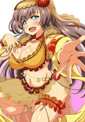 Rule 34 | 1girl, belly chain, blue eyes, blush, breasts, brown hair, cleavage, commentary request, earrings, eyebrows, fate/grand order, fate (series), flower, hair flower, hair ornament, hoop earrings, jewelry, kani club, large breasts, long hair, looking at viewer, mata hari (fate), navel, open mouth, sarong, shiny skin, simple background, solo, white background