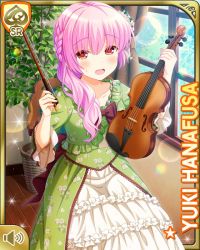 Rule 34 | 1girl, bow, braid, braided ponytail, brown bow, card (medium), chair, curtains, day, dress, frilled dress, frills, girlfriend (kari), green dress, hanafusa yuki, indoors, instrument, official art, open mouth, pink hair, ponytail, qp:flapper, red eyes, scrunchie, shy, sitting, solo, tagme, violin, window