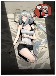 Rule 34 | 1girl, bare arms, bare shoulders, bed, black bra, black shorts, blanket, blue hair, blush, border, bra, breasts, camisole, chibi, cleavage, closed mouth, dolphin shorts, dreaming, earrings, closed eyes, gogalking, highres, jewelry, large breasts, long hair, lying, nightmare, on back, on bed, ophelia (gogalking), original, ponytail, round teeth, shorts, sleeping, sleeping upright, solo, spaghetti strap, strap slip, sweat, teeth, underwear, upper teeth only, very long hair, weighing scale, weight conscious, white border, white camisole, worried