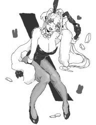 Rule 34 | 1girl, :d, animal ears, bare shoulders, black gloves, blush, bow, bowtie, breasts, cleavage, d92615653, detached collar, fake animal ears, fake tail, feather boa, gloves, goddess of victory: nikke, greyscale, heart, high heels, large breasts, leotard, long hair, monochrome, open mouth, pantyhose, rabbit ears, rabbit tail, rupee (nikke), rupee (rabbit deluxe) (nikke), simple background, sitting, sketch, smile, solo, strapless, tail, wrist cuffs