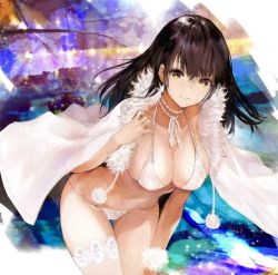 Rule 34 | 1girl, bikini, breasts, brown eyes, brown hair, cape, character request, cleavage, fur trim, hitaki yuu, jewelry, large breasts, looking at viewer, navel, necklace, pom pom (clothes), skindentation, smile, solo, stage lights, swimsuit, thighhighs