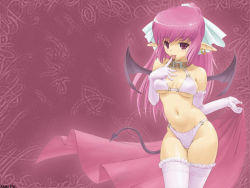 Rule 34 | 1girl, :p, bat wings, bikini, blush, bra, breasts, collar, covered erect nipples, curvy, demon, demon girl, demon tail, demon wings, earrings, elbow gloves, finger to mouth, frilled thighhighs, frills, gloves, hair ribbon, highleg, highleg panties, inu777, jewelry, lace, lace-trimmed legwear, lace trim, lingerie, naughty face, navel, nira (character), original, panties, pink eyes, pink hair, pointy ears, purple bra, purple panties, purple thighhighs, ribbon, sideboob, single earring, solo, standing, swimsuit, tail, thighhighs, tongue, tongue out, underboob, underwear, underwear only, wallpaper, watermark, wide hips, wings