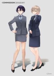 Rule 34 | 2girls, absurdres, artist name, blouse, brown hair, collared shirt, commission, english text, formal, grey background, hair between eyes, hand on own hip, high heels, highres, jacket, military, military jacket, military uniform, multiple girls, necktie, original, purple hair, shadow, shiroyama soh, shirt, skirt, skirt suit, suit, uniform, white shirt