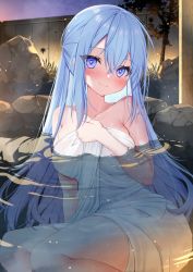 Rule 34 | 1girl, artist request, blue eyes, blue hair, blush, crossed bangs, emori miku, highres, liver city, long hair, looking at viewer, naked towel, onsen, outdoors, paid reward available, partially submerged, rock, sidelocks, smile, solo, thighs, towel, very long hair, water, wet, white towel