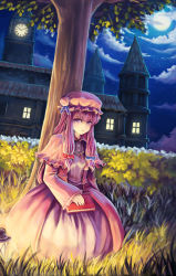 Rule 34 | 1girl, book, bryanth, capelet, clock, clock tower, cloud, female focus, full moon, grass, hair ribbon, hat, highres, lantern, light, long hair, looking at viewer, moon, night, night sky, outdoors, patchouli knowledge, purple eyes, purple hair, ribbon, scarlet devil mansion, sitting, sky, solo, star (sky), star (symbol), starry sky, touhou, tower, tree, under tree, window