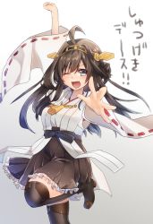 Rule 34 | &gt;;d, 10s, 1girl, ;d, ahoge, black skirt, black thighhighs, brown hair, grey background, hair ornament, japanese clothes, kantai collection, keita (tundereyuina), kongou (kancolle), long hair, looking at viewer, miko, one eye closed, open mouth, pleated skirt, skirt, smile, solo, thighhighs, v-shaped eyebrows, zettai ryouiki
