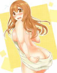 Rule 34 | 1girl, :o, absurdres, backless dress, backless outfit, blush, brown eyes, brown hair, butt crack, dress, embarrassed, fuurin (fuurin4519), hair between eyes, highres, kunikida hanamaru, looking at viewer, love live!, love live! school idol project, love live! sunshine!!, meme attire, outline, solo, standing, sweatdrop, virgin killer sweater, white outline